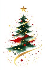 Watercolor Christmas tree with gold and red decorations, great for festive greeting cards.