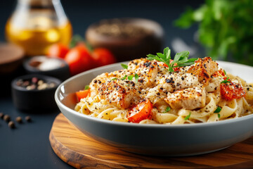 A Freshly Made Pasta Dish, Such As Pici Cacio E Pepe, Garnished With Pecorino Cheese And Black Pepper, Against A Wooden Cutting Board