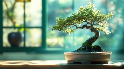 A bonsai tree with finely textured leaves and a shape that is perfectly balanced in the room background wallpaper AI generated image