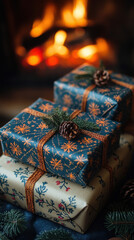 Fototapeta premium cozy winter scene with a pile of colorful Christmas gifts wrapped in festive paper and ribbons, placed next to a glowing fireplace, perfect for a smartphone wallpaper