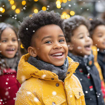 Children??Ts Christmas choir singing carols outdoors in a snowy park, bundled in colorful winter coats, with snowflakes falling gently around them and a glowing Christmas tree in the background.