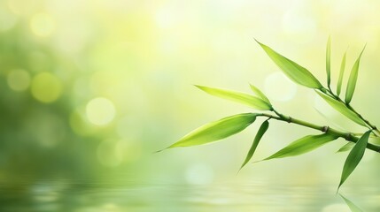 Fototapeta premium Green bamboo leaf branch on blur background copy space, wallpaper AI generated image