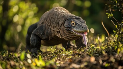 Fototapeta premium Komodo Dragon on the Hunt in Lush Green