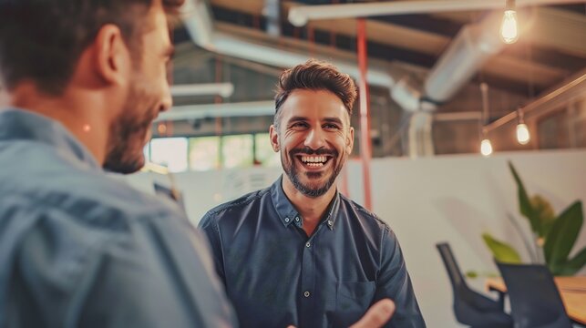 Smiling businessman discussing new venture company founder modern startup environment scene highlights excitement creativity involved launching innovative business ideas and the entrepreneurial spirit