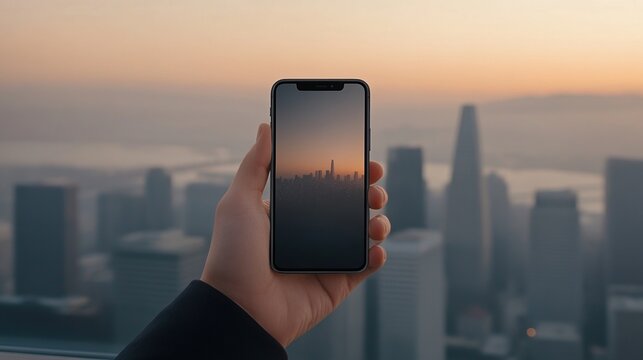 Sleek smartphone resting on modern glass desk in a contemporary office overlooking San Franciscos skyline