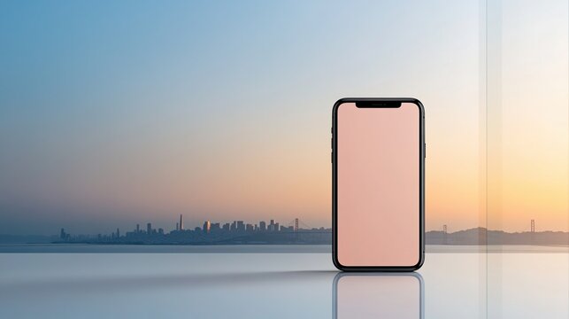 Sleek smartphone on minimalist desk with panoramic view of San Francisco skyline at sunset showcasing innovation and modern living
