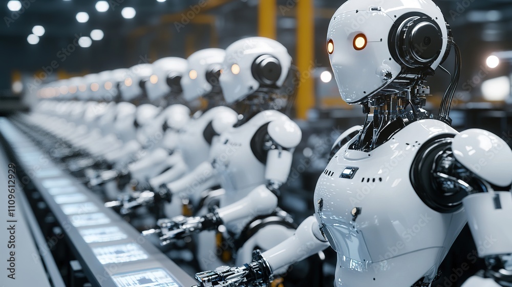 Poster a fully automated factory with robots controlling the assembly line process.