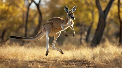 Naklejka premium A Red Kangaroo Leaps Through Golden Grass