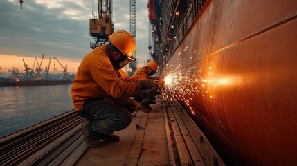 Skilled shipbuilders meticulously welding a ship hull at an industrial dockyard with towering cranes and a calm sea backdrop during overcast skies