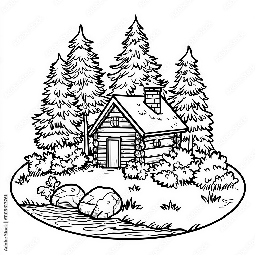 Wall mural A cozy cabin in the woods, coloring page for kids, simple outline illustration. Coloring book, simple lines.