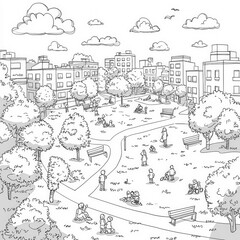 Obraz premium A city park with families enjoying a sunny day, coloring page for kids, simple outline illustration. Coloring book, simple lines.