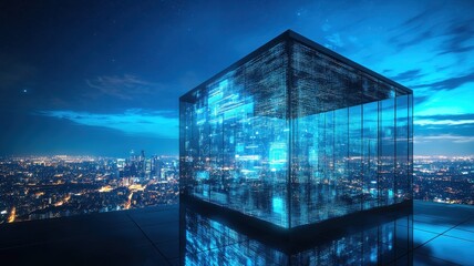 A futuristic, glowing blue cube stands illuminated against a city skyline, showcasing a blend of technology and urban architecture.
