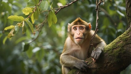  a curious monkey swinging from tree branches