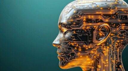 Innovative artificial intelligence concept featuring a futuristic human face design with circuit patterns and glowing elements against a teal background