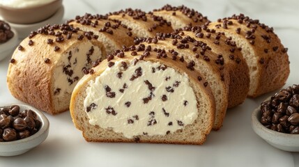 Obraz premium Decadent dessert bread with chocolate chips and creamy filling garnished with coffee beans