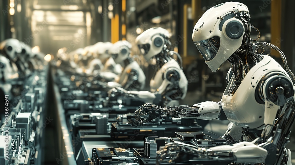 Poster an advanced assembly line with robots assembling complex products.