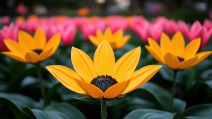 Naklejka premium Vibrant blossoms of yellow and pink create a stunning floral tapestry in spring garden