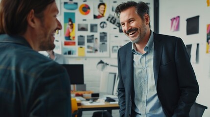 Fototapeta premium Smiling businessman discussing market strategies marketing executive creative workspace filled campaign materials scene highlights role of marketing building successful brand driving business success