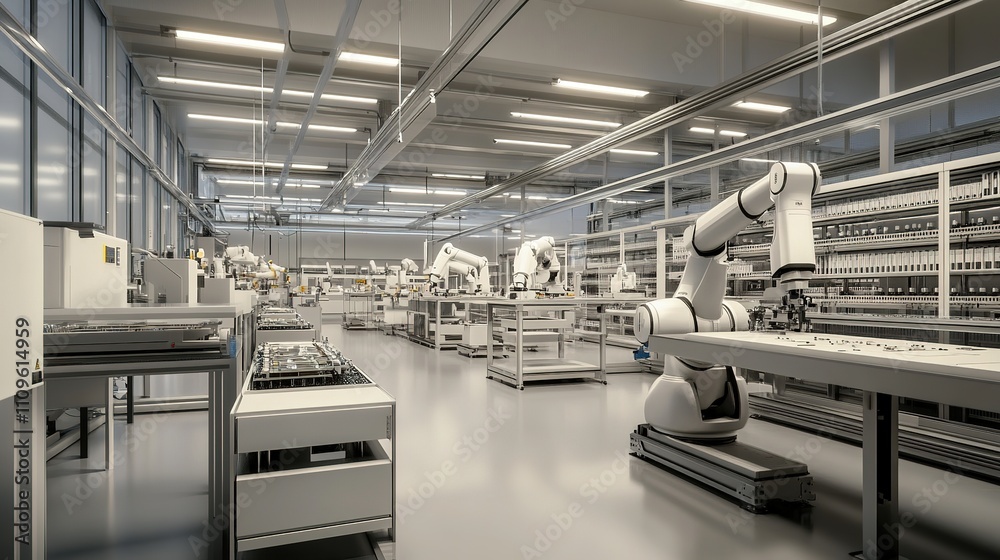 Poster an advanced assembly line with robots assembling complex products.