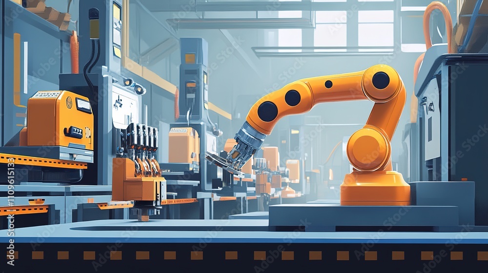 Poster an advanced assembly line with robots assembling complex products.