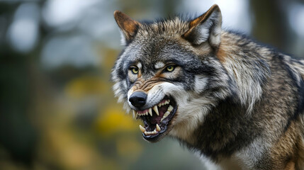 Fototapeta premium A fierce wolf baring its sharp teeth in an aggressive snarl, with piercing yellow eyes that reflect its predatory instincts and dominance.