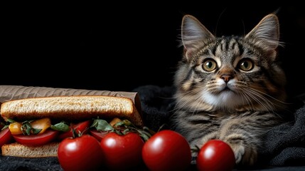 Curious feline gazes at colorful sandwich and ripe tomatoes on dark backdrop