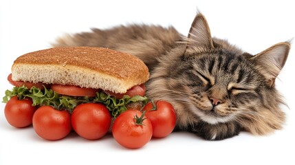 Cat enjoys a cozy moment beside a vibrant sandwich and fresh tomatoes