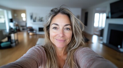A woman captures her beauty and naturally sunny disposition in her bright living room, radiating a sense of joyful serenity and warmth in a cozy setting.