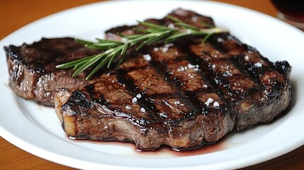 A beautifully cooked steak garnished with rosemary, served on a white plate.