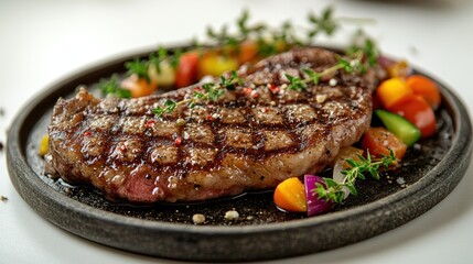 Savoring perfectly grilled steak adorned with colorful vegetables on a rustic plate
