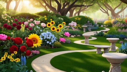 : A serene and vibrant garden with a diverse array of colorful flowers,
