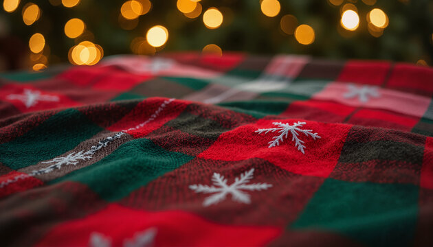 Red and green plaid fabric with white snowflake pattern - Powered by Adobe