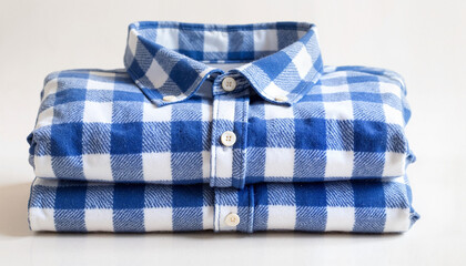 Folded blue and white checkered shirt on white background