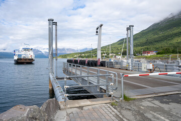 Olderdalen, Norway - 07.08.2024: Lauvstad ferry in Olderdalen Port, Norway