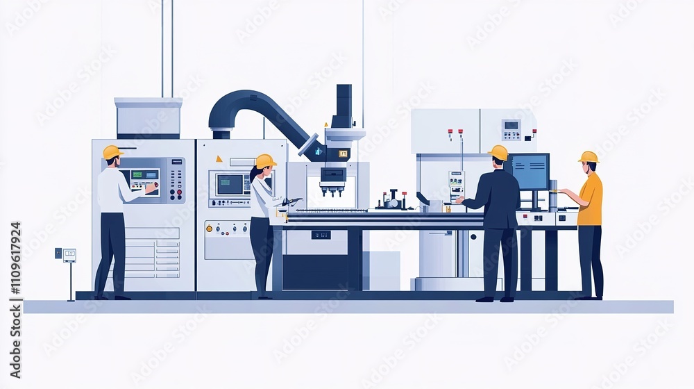 Poster factory workers using precision tools to ensure the proper functioning of machines.