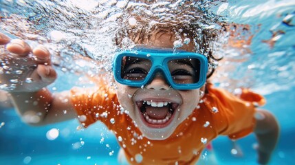 Naklejka premium A child is swimming underwater with blue goggles, radiating excitement and joy, epitomizing the carefree essence of playful childhood adventures in water.