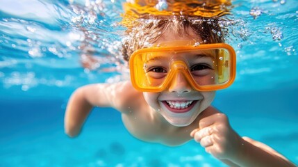 A child with orange goggles swims underwater, smiling broadly, embodying the carefree joy and adventurous spirit of youth enjoying aquatic freedom.