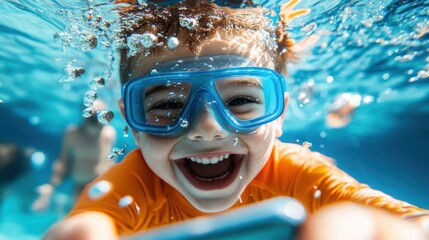 Fototapeta premium A young child with blue goggles is joyfully using a gadget underwater in a pool, showcasing the blend of modern technology and childhood happiness.