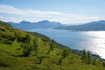 View from Mount Storsteinen over landscape in Tromso, Norway