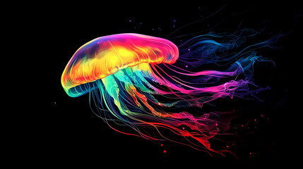 Fototapeta premium A jellyfish with a vibrant, rainbow-hued bell glowing in the inky darkness of the deep ocean