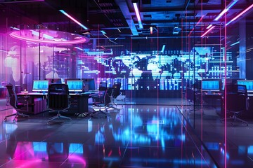 3D rendering of a digital hologram office space with futuristic design, neon lights, and vibrant colors.