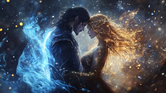 illustration of a two spirits blue flame that is an extremly handsome slightly strong male with black long hair, shaved on one side, fae ear, and golden flame that is a beautiful young woman.
