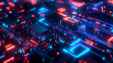 Obraz premium A glowing digital network featuring 3D circuit components in vibrant neon colors, representing advanced data systems.