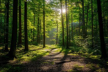Fototapeta premium Nature's Calm: A peaceful forest scene with sunlight filtering through the trees