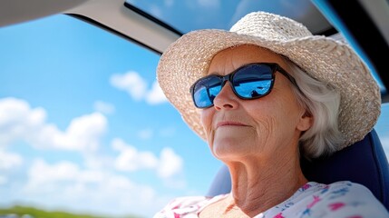 An elderly woman, elegantly dressed with a stylish hat and sunglasses, gazes up at the clear sky, exuding an air of wisdom, contentment, and relaxed assurance.