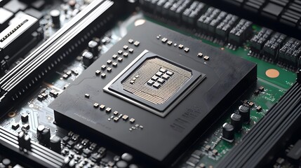 Fototapeta premium Closeup of silicon chip and gpu technology showcase modern electronics lab tech photography detailed environment innovative concept