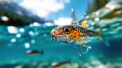A dangling fish with a hook in its mouth is seen beneath clear water. Its colorful scales shimmer as sunlight penetrates the water, creating a dynamic ambiance.