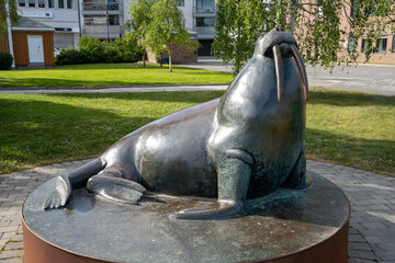 Harstad, Norway - 07.05.2024: Sculpture of Walrus on Harstad Embankment in Norway