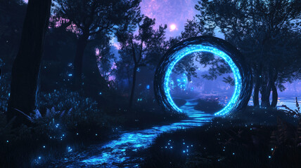 Obraz premium Magical glowing blue portal in a mystical forest with a path leading toward an unknown adventure or realm.