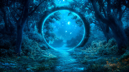 Mystical portal in a night forest with glowing light, magical atmosphere of nature, and starry sky